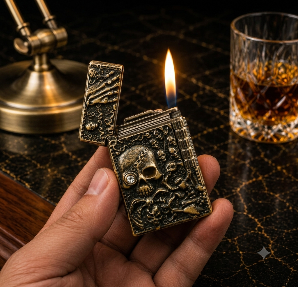 Vintage Skull Pattern Refillable Metal Lighter